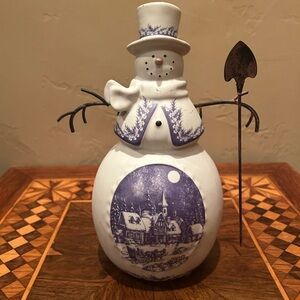 Ceramic and Metal Snowman Figurine with Town Winter Scene